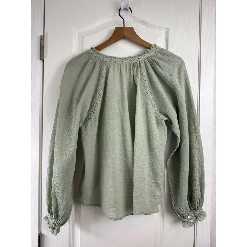 Free People Women's Sivan Embroidered Blouse Moss Green Long Sleeve Size XS - Picture 5 of 12